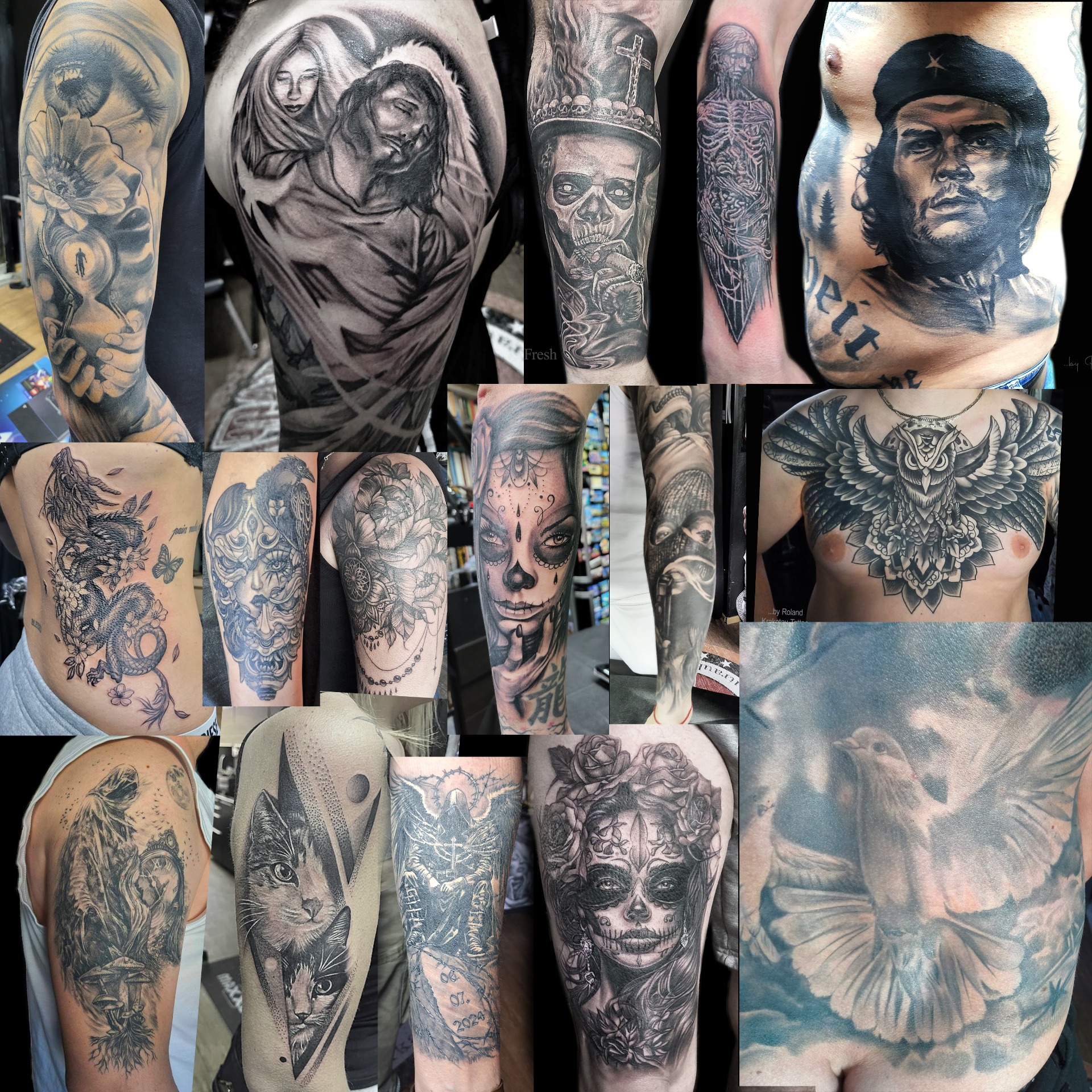 A munkáim jelentős részét a Black & Grey tetoválások képezik. Legjobban a realisztikus, élethü témákat szeretem megvalósitani. A vonalas vagy skicc hatású munkák is vonzanak.